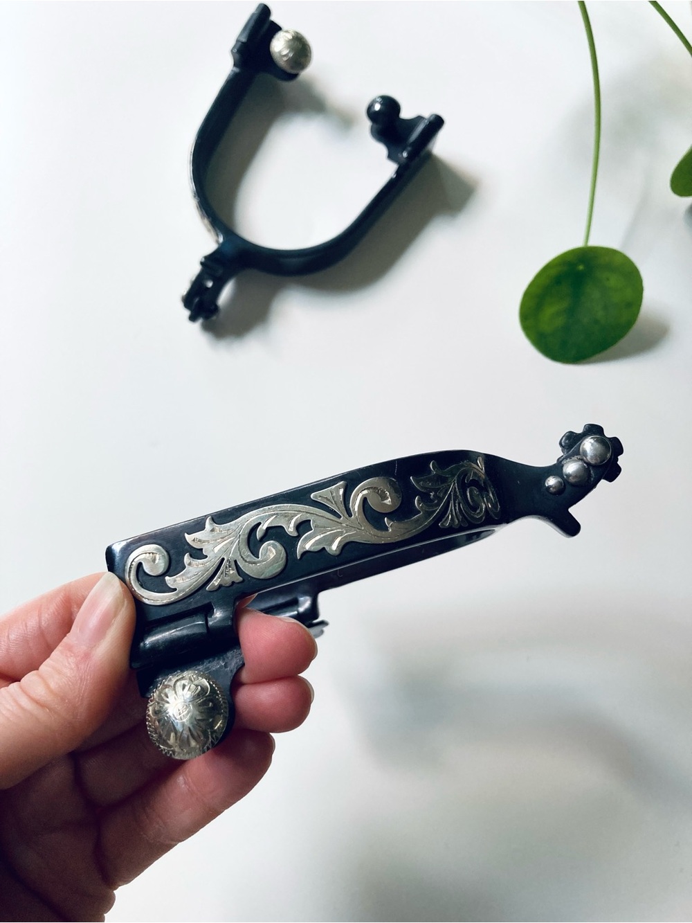 Black Satin Silver Coloured Floral Spurs Western Cowgirl Country Farmhouse 3inch